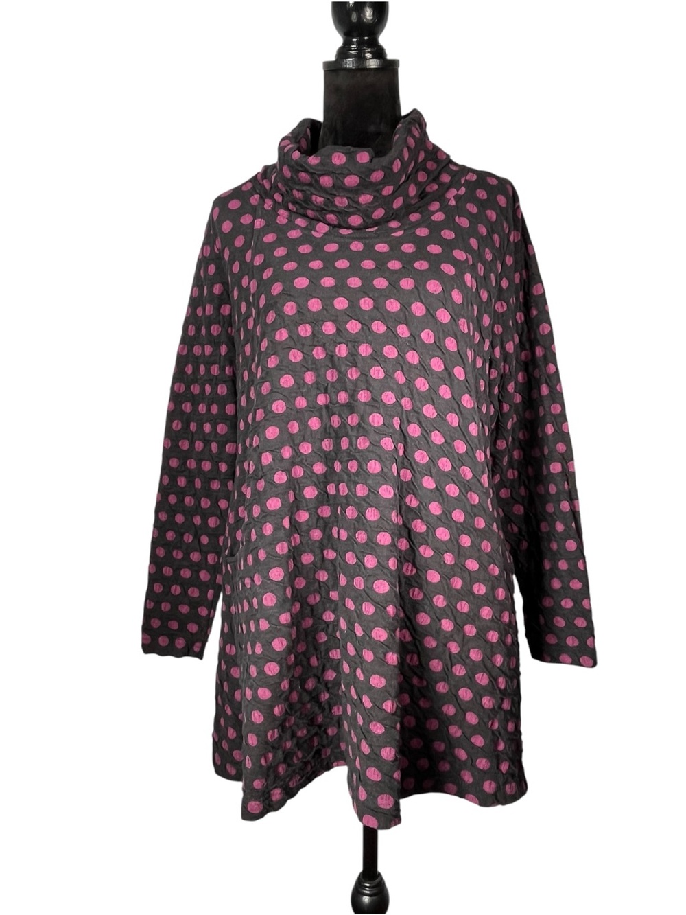 Komil Pink Polka Dot Tunic Cowl Knit Swing Lagenlook Artsy Crinkle Fairycore Med